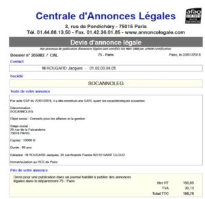 Exemple d'annonce légale de création de SARL département 92