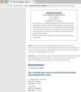 Exemple d'annonce légale de changement de gérant SCI département 13