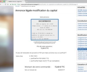 Exemple d'annonce légale d'augmentation du capital d'une SARL département 93