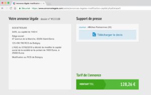 Exemple d'annonce légale d'augmentation du capital d'une SARL département 93