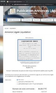 annonce legale liquidation paris